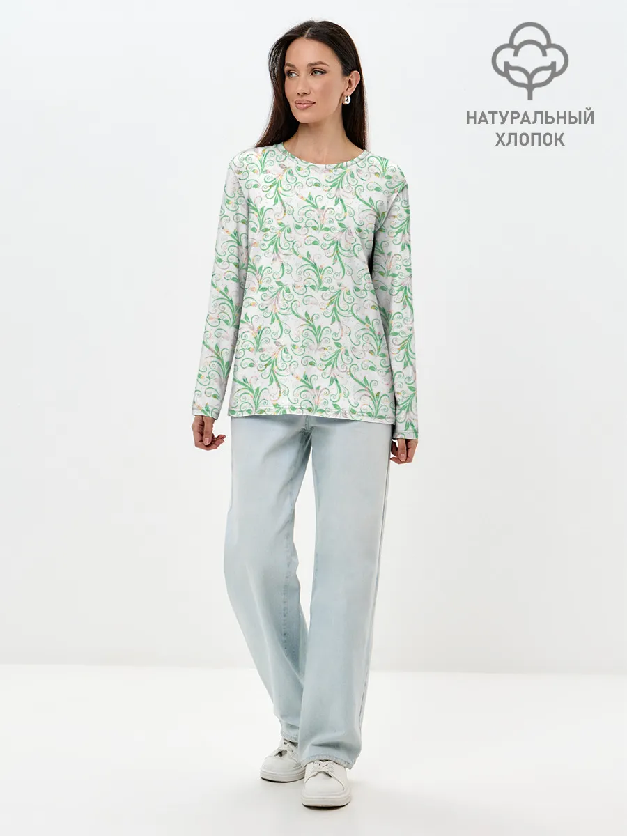 Лонгслив женский. Хлопок / Весенние узоры из листьев