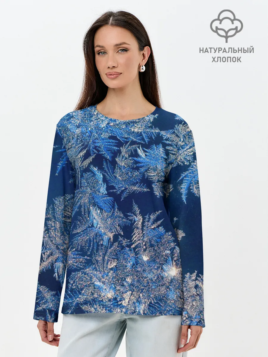 Лонгслив женский. Хлопок / Снежинки макро snowflakes macro