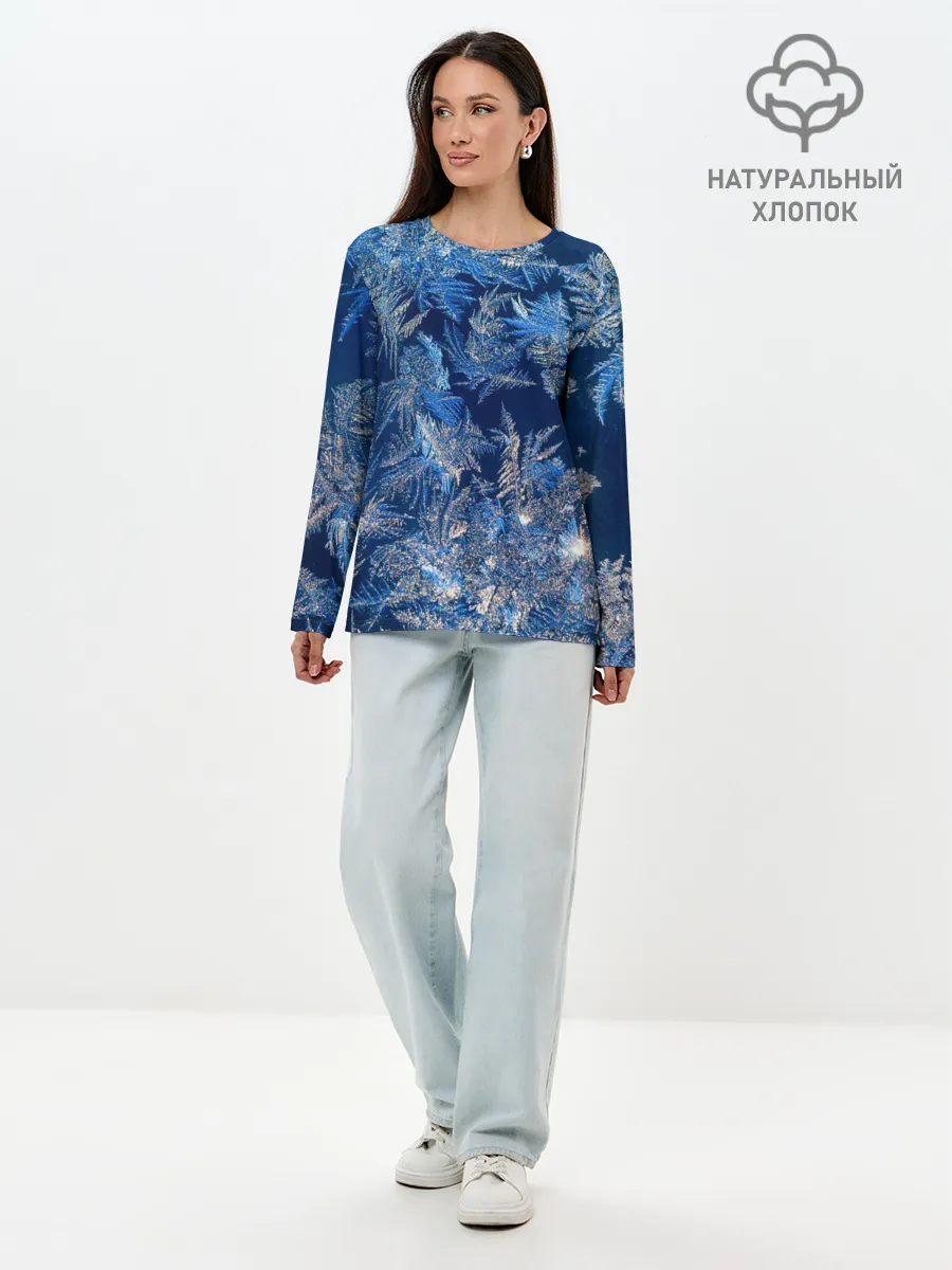 Лонгслив женский. Хлопок / Снежинки макро snowflakes macro