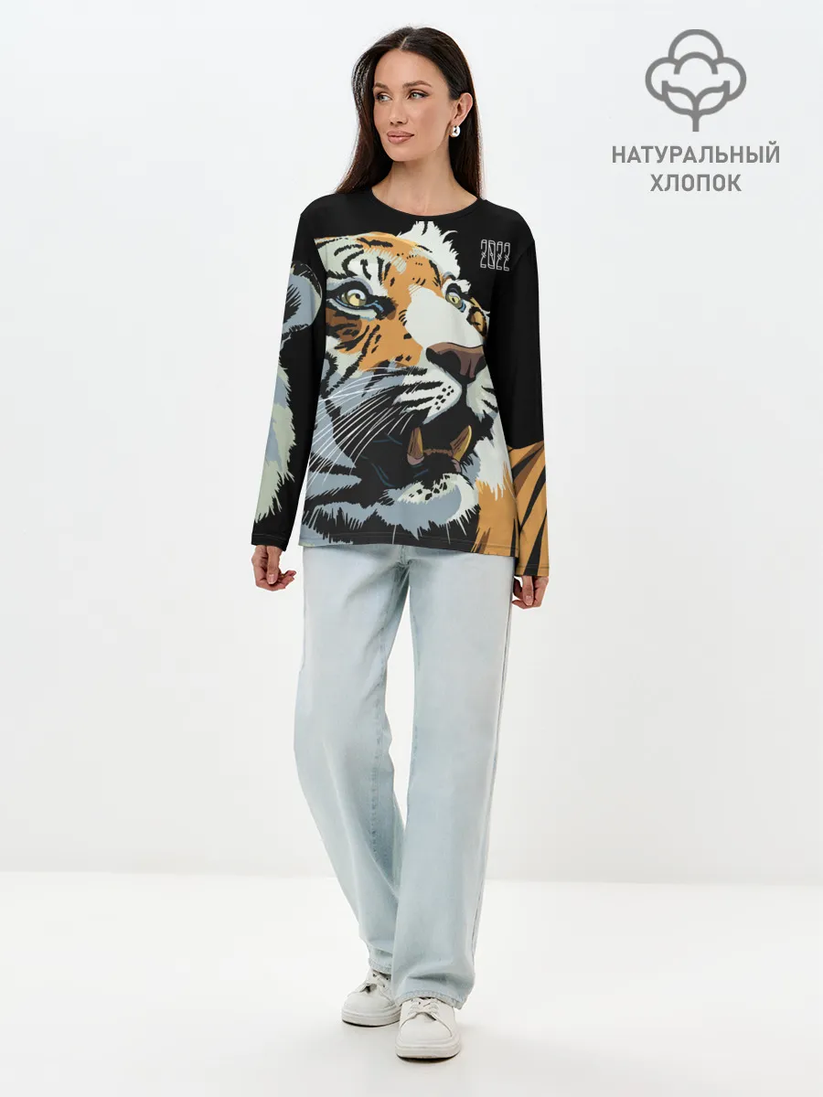 Лонгслив женский. Хлопок / Тигр перед атакой