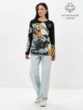 Лонгслив женский. Хлопок / Тигр перед атакой