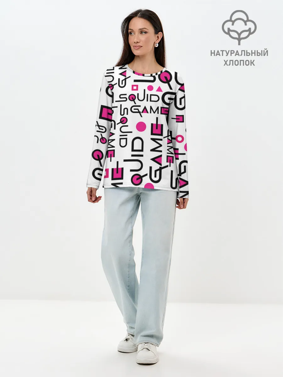 Лонгслив женский. Хлопок / ИГРА В КАЛЬМАРА УЗОР И ПАТТЕРН ЛОГО