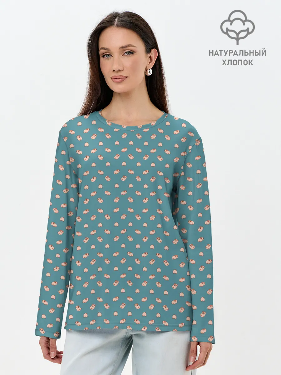 Лонгслив женский. Хлопок / Паттерн хомячков