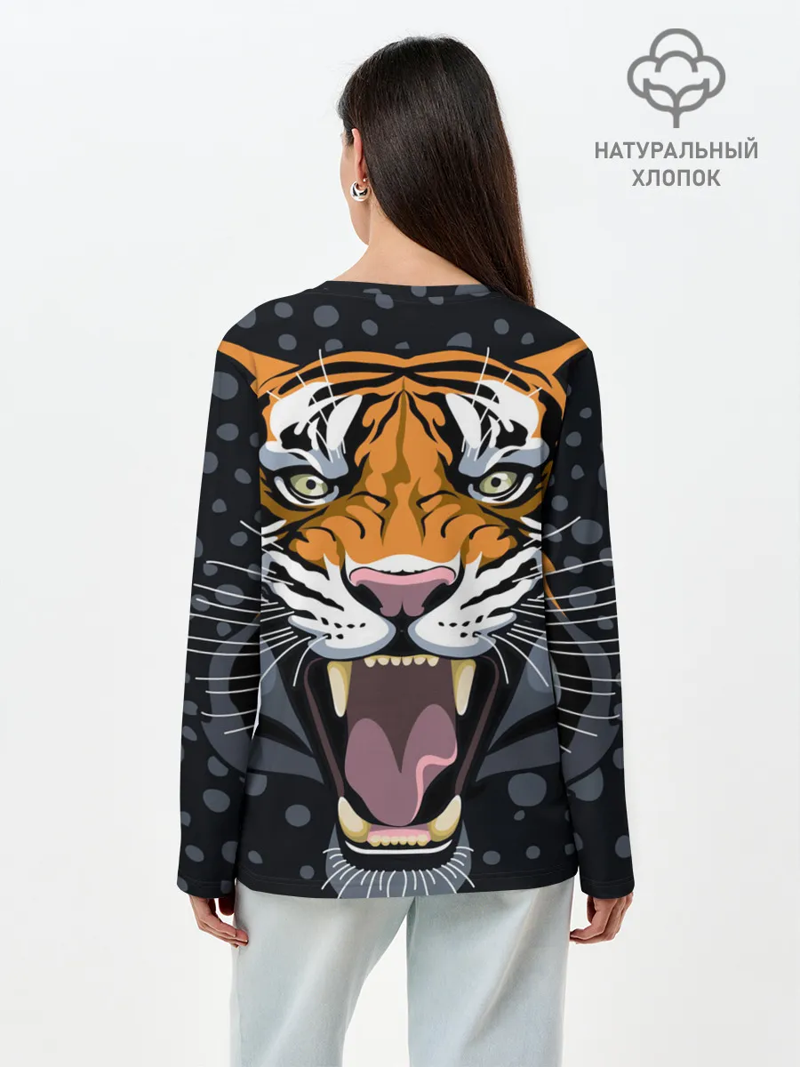 Лонгслив женский. Хлопок / Амурский тигр в ночи