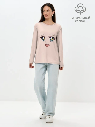 Лонгслив женский. Хлопок / милое аниме лицо
