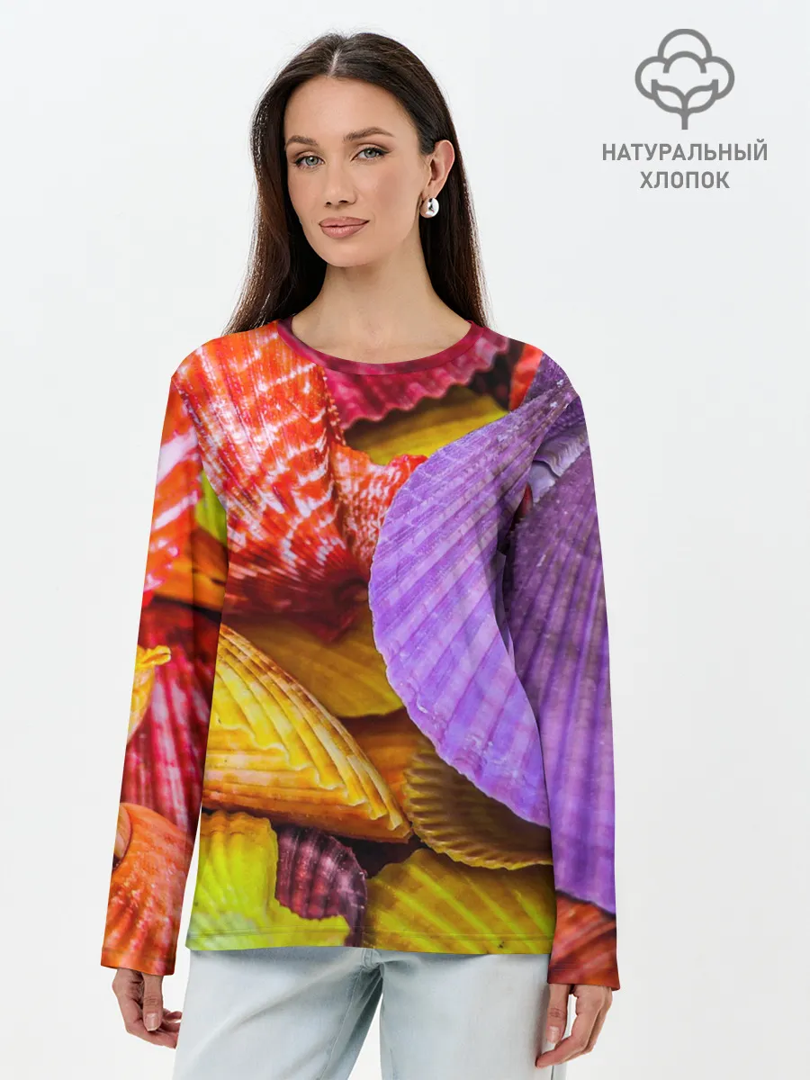 Лонгслив женский. Хлопок / Разноцветные ракушки multicolored seashells