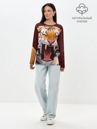 Лонгслив женский. Хлопок / Тигр красавчик сердится