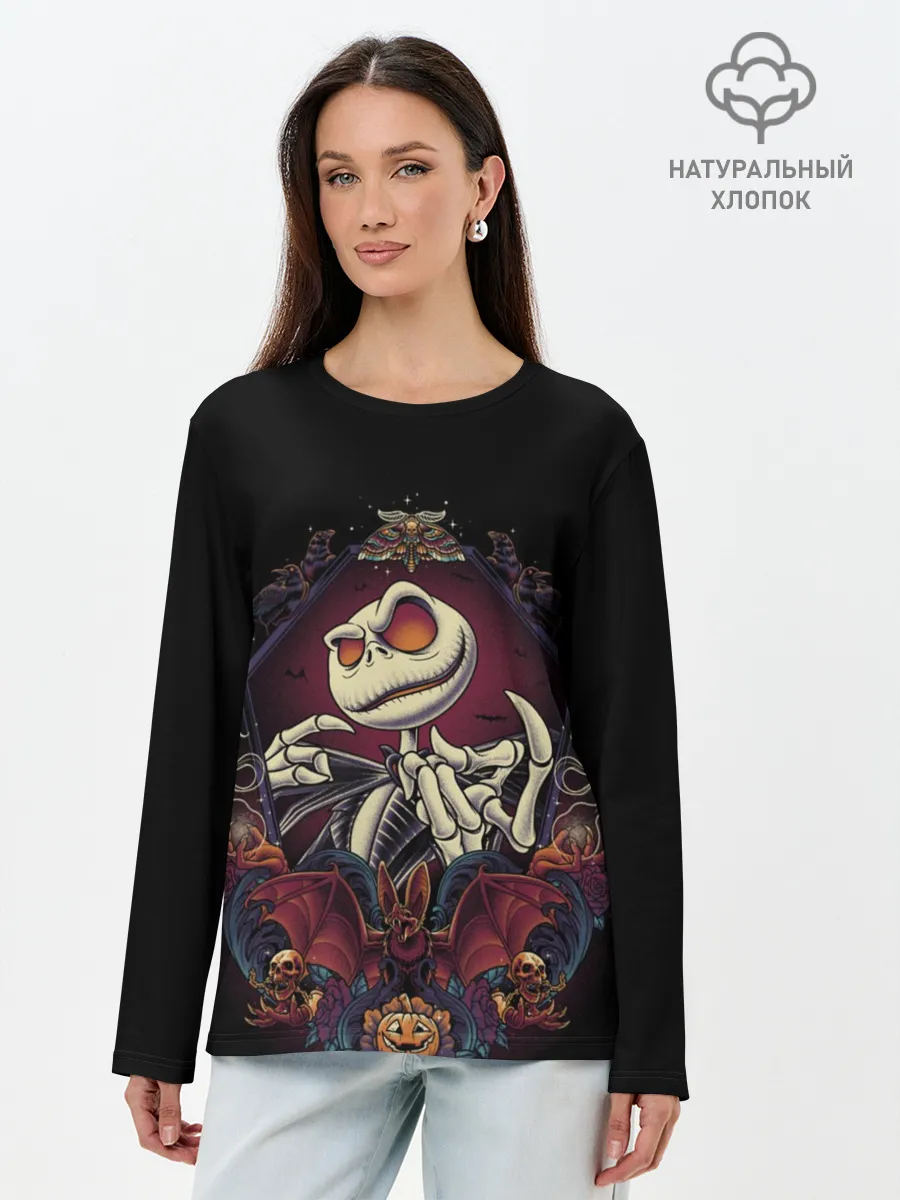 Лонгслив женский. Хлопок / Скелет Хэллоуин