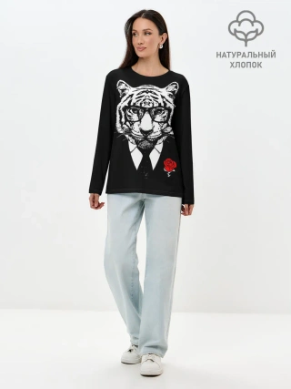 Лонгслив женский. Хлопок / Тигр с красной розой