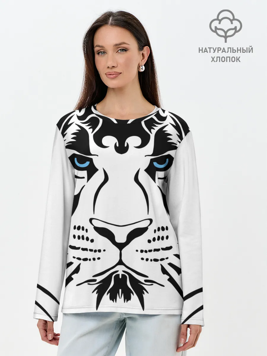 Лонгслив женский. Хлопок / Водяной голубоглазый тигр