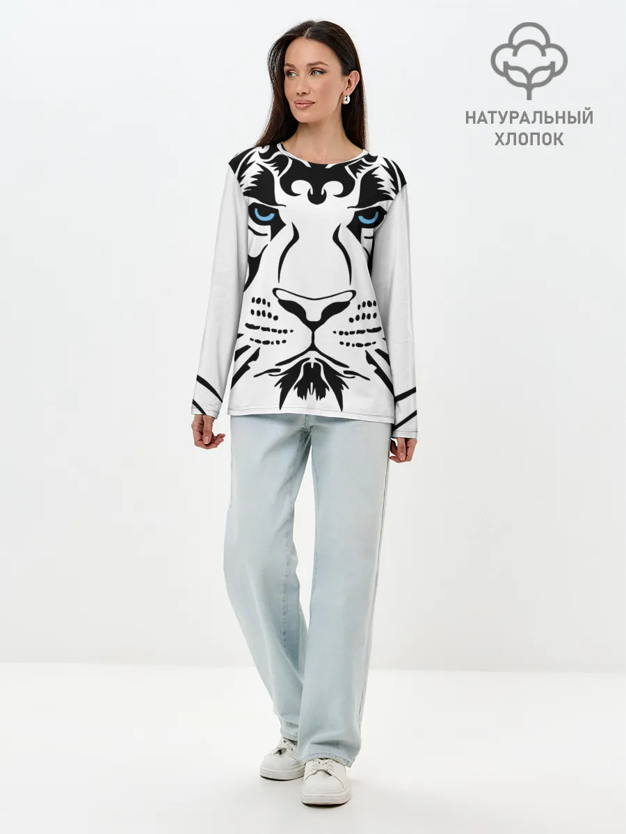 Лонгслив женский. Хлопок / Водяной голубоглазый тигр