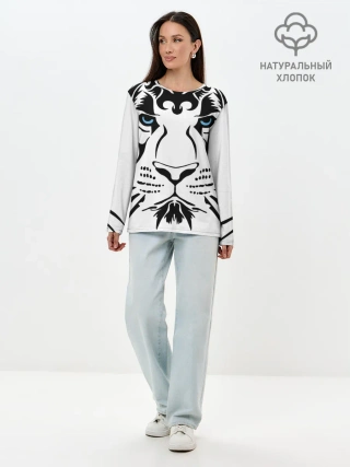 Лонгслив женский. Хлопок / Водяной голубоглазый тигр