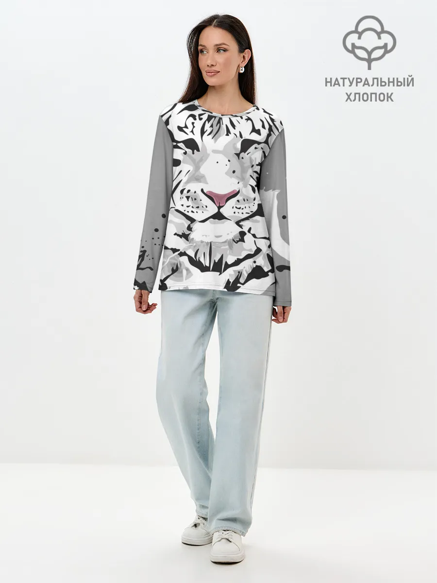 Лонгслив женский. Хлопок / Белый снежный тигр