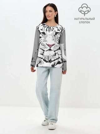 Лонгслив женский. Хлопок / Белый снежный тигр