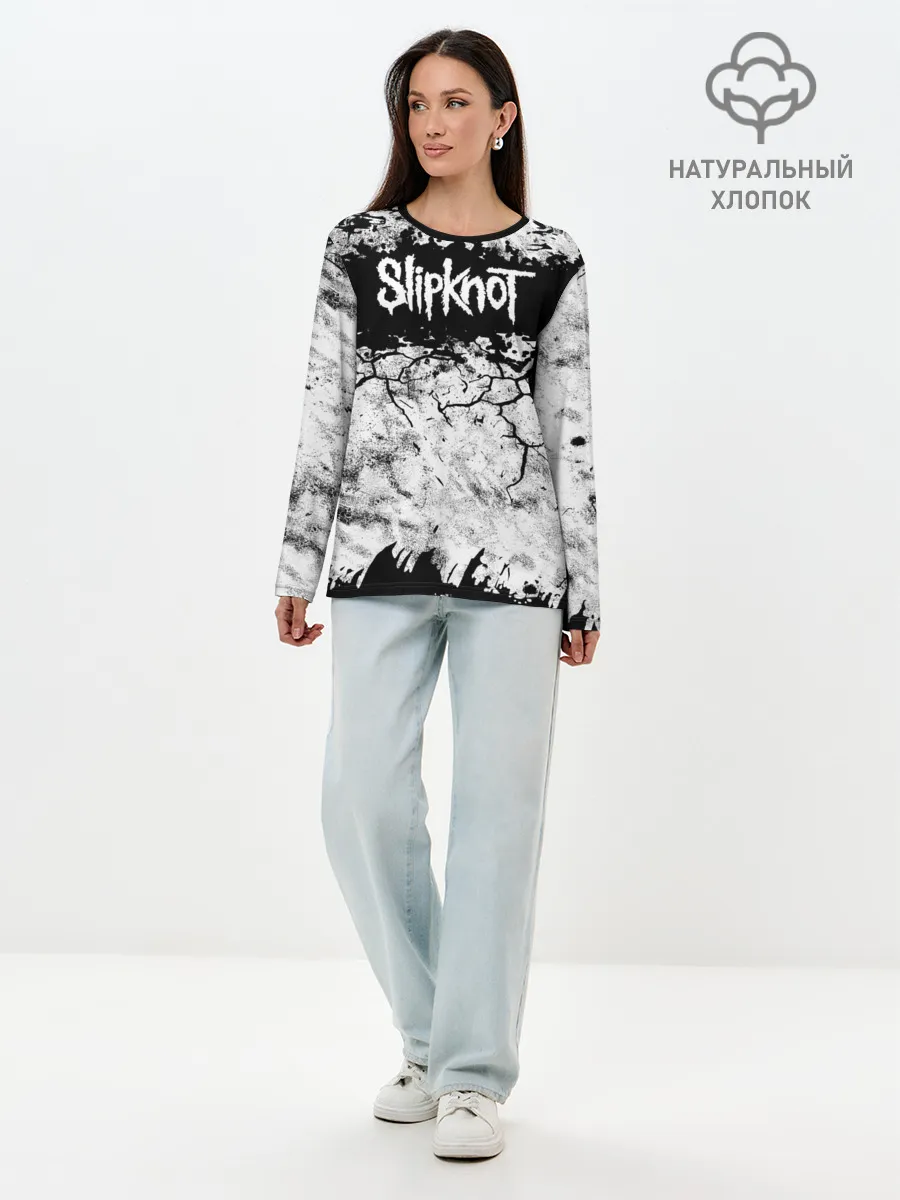 Лонгслив женский. Хлопок / Надпись Слипкнот Рок Группа ЧБ | Slipknot