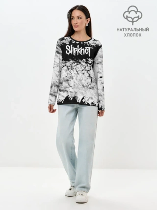 Лонгслив женский. Хлопок / Надпись Слипкнот Рок Группа ЧБ | Slipknot