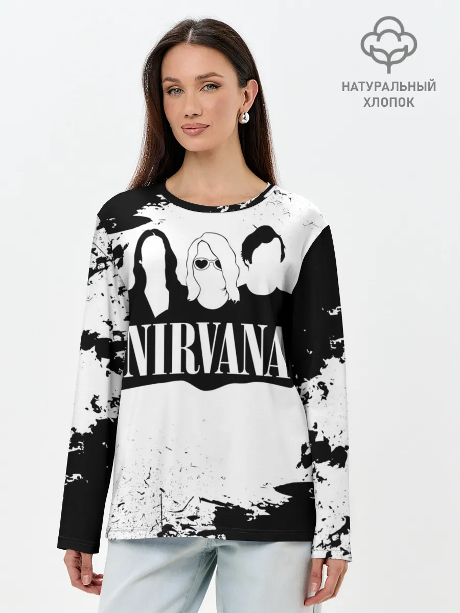 Лонгслив женский. Хлопок / Нирвана Рок Группа Гранж ЧБ | Nirvana