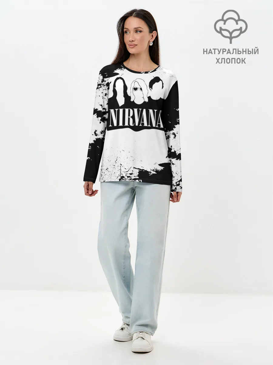 Лонгслив женский. Хлопок / Нирвана Рок Группа Гранж ЧБ | Nirvana