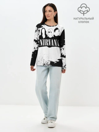 Лонгслив женский. Хлопок / Нирвана Рок Группа Гранж ЧБ | Nirvana