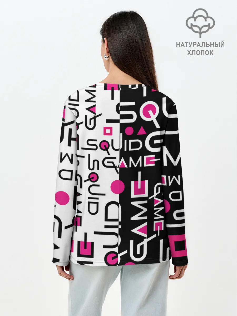 Лонгслив женский. Хлопок / ИГРА В КАЛЬМАРА / ЧЁРНО БЕЛЫЙ ПАТТЕРН ЛОГО