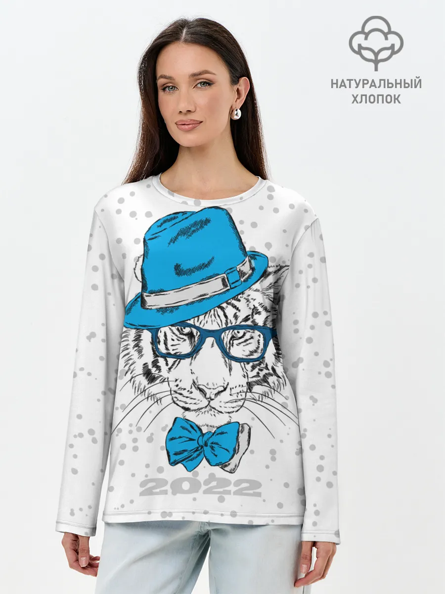 Лонгслив женский. Хлопок / Белый тигр в синей шляпе