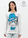 Лонгслив женский. Хлопок / Белый тигр в синей шляпе