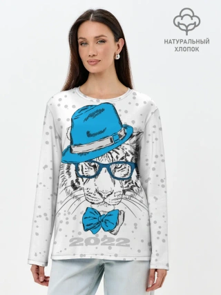 Лонгслив женский. Хлопок / Белый тигр в синей шляпе