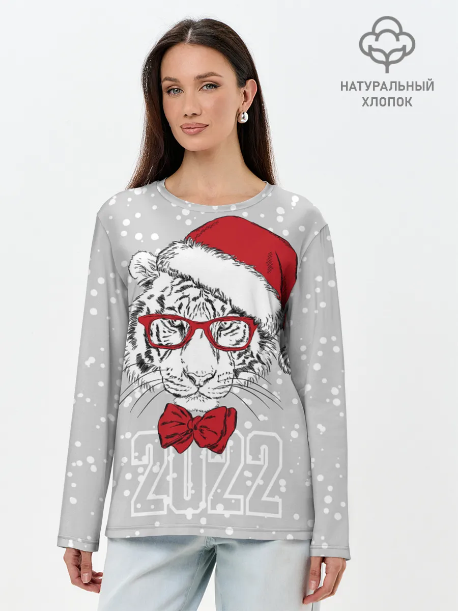 Лонгслив женский. Хлопок / Белый тигр в шапке Санты