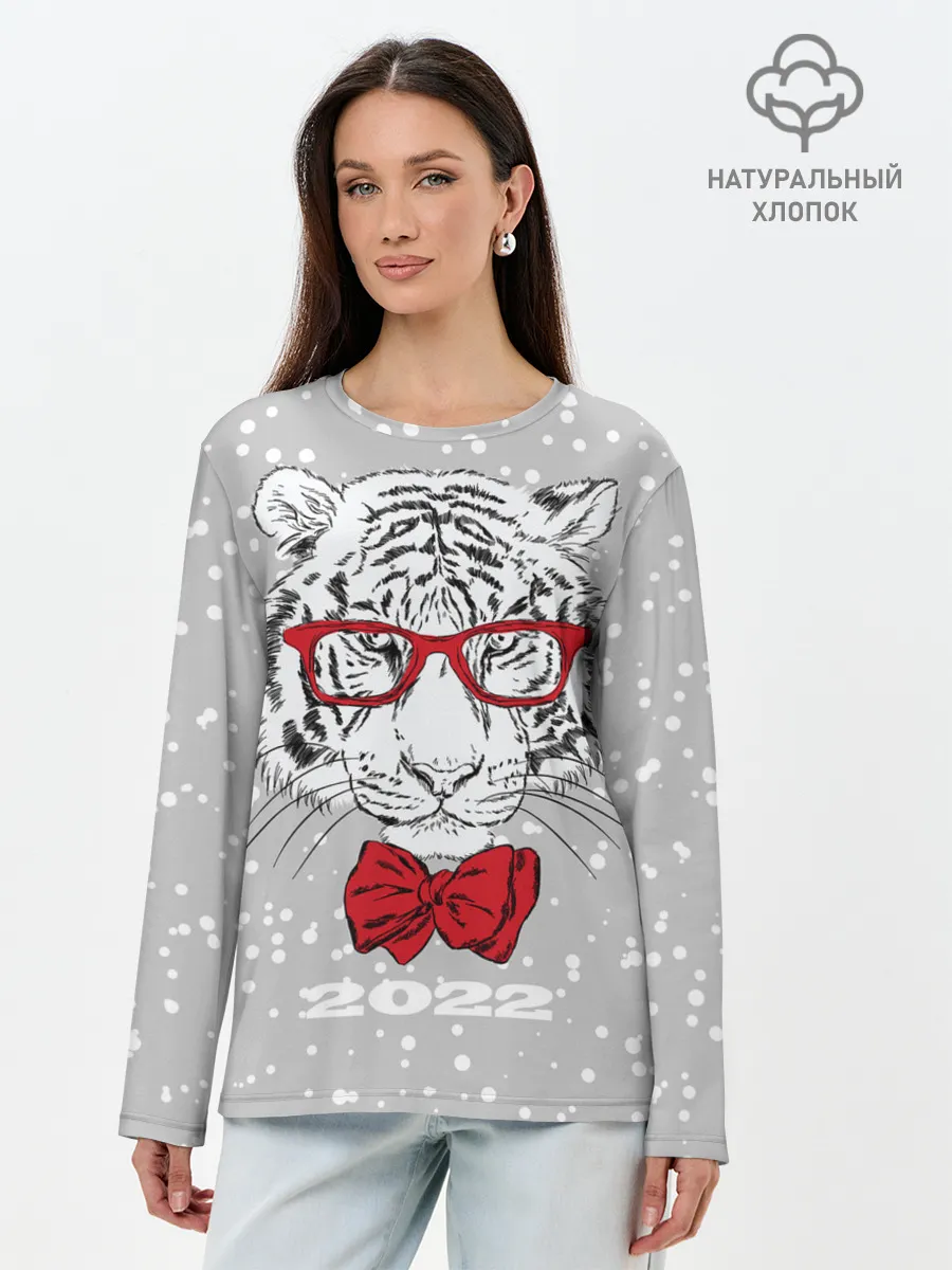 Лонгслив женский. Хлопок / Белый тигр с красным бантом