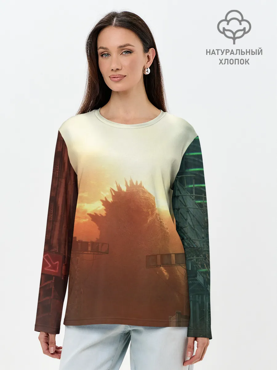 Лонгслив женский. Хлопок / ГОДЗИЛЛА РАЗРУШАЕТ ГОРОД