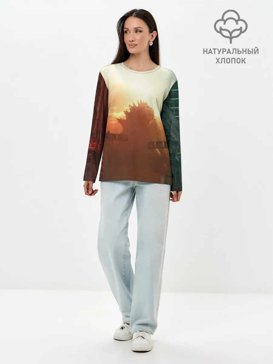 Лонгслив женский. Хлопок / ГОДЗИЛЛА РАЗРУШАЕТ ГОРОД