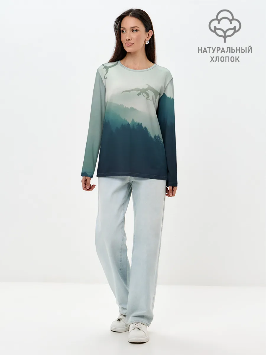 Лонгслив женский. Хлопок / ДРАКОНЫ НАД ЛЕСОМ / DRAGON