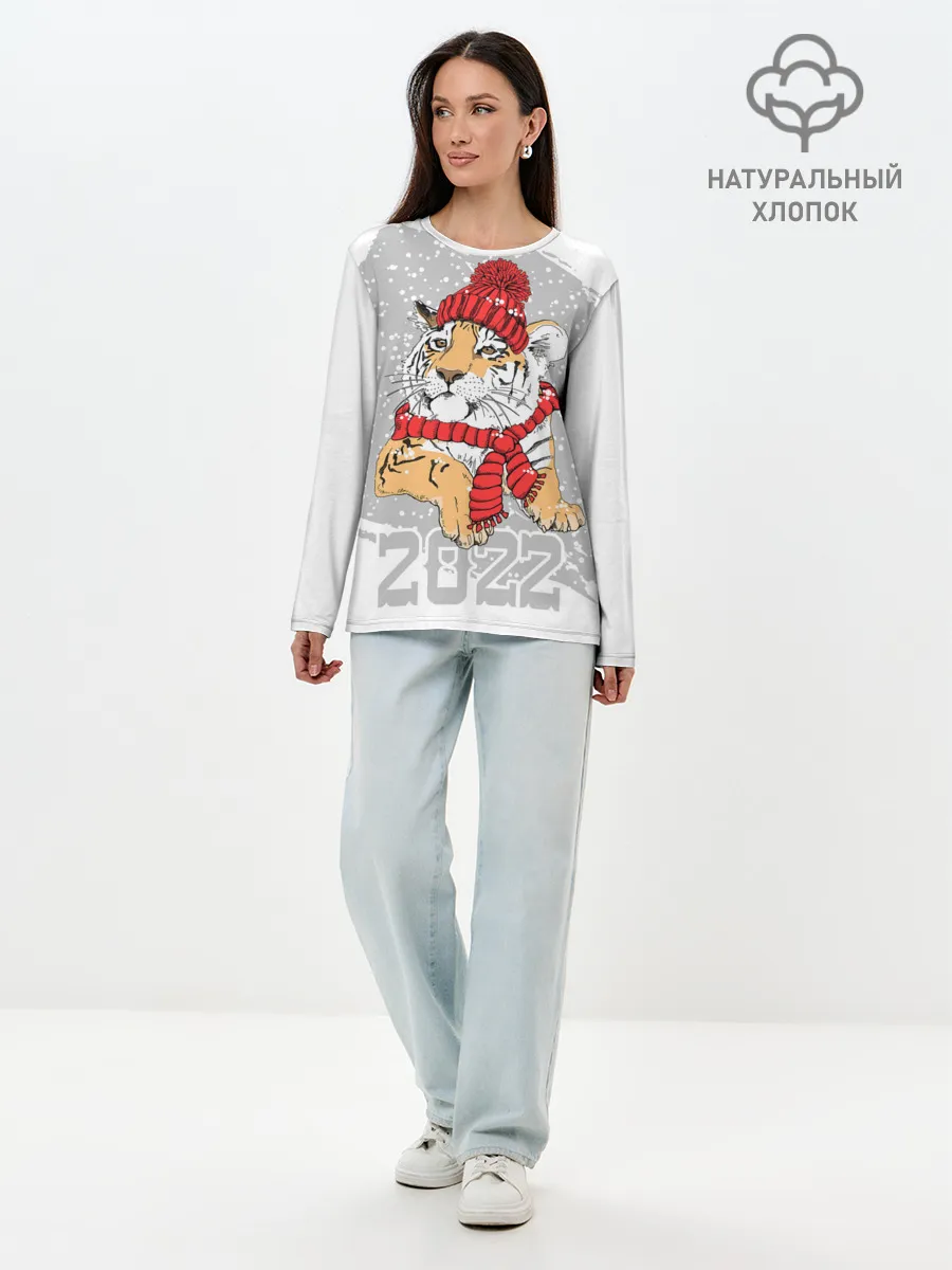 Лонгслив женский. Хлопок / Тигр в красной шапке