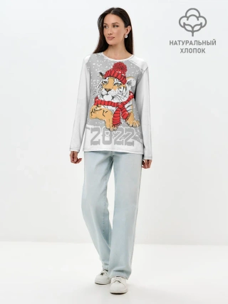 Лонгслив женский. Хлопок / Тигр в красной шапке