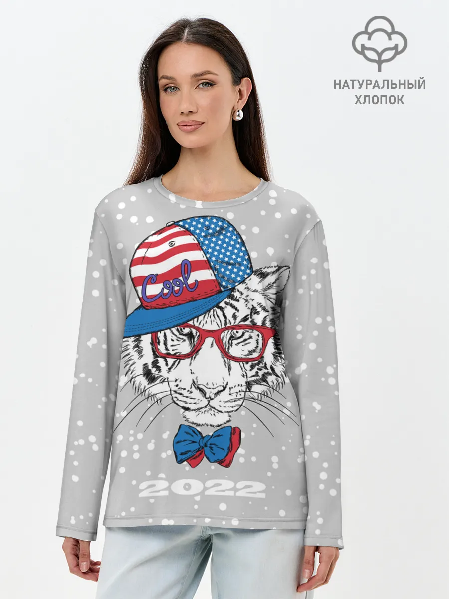 Лонгслив женский. Хлопок / Крутой белый тигр