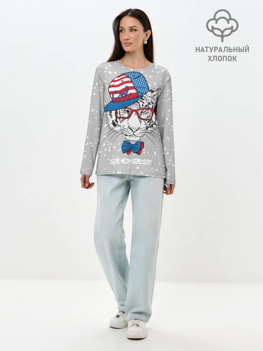 Лонгслив женский. Хлопок / Крутой белый тигр