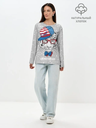 Лонгслив женский. Хлопок / Крутой белый тигр