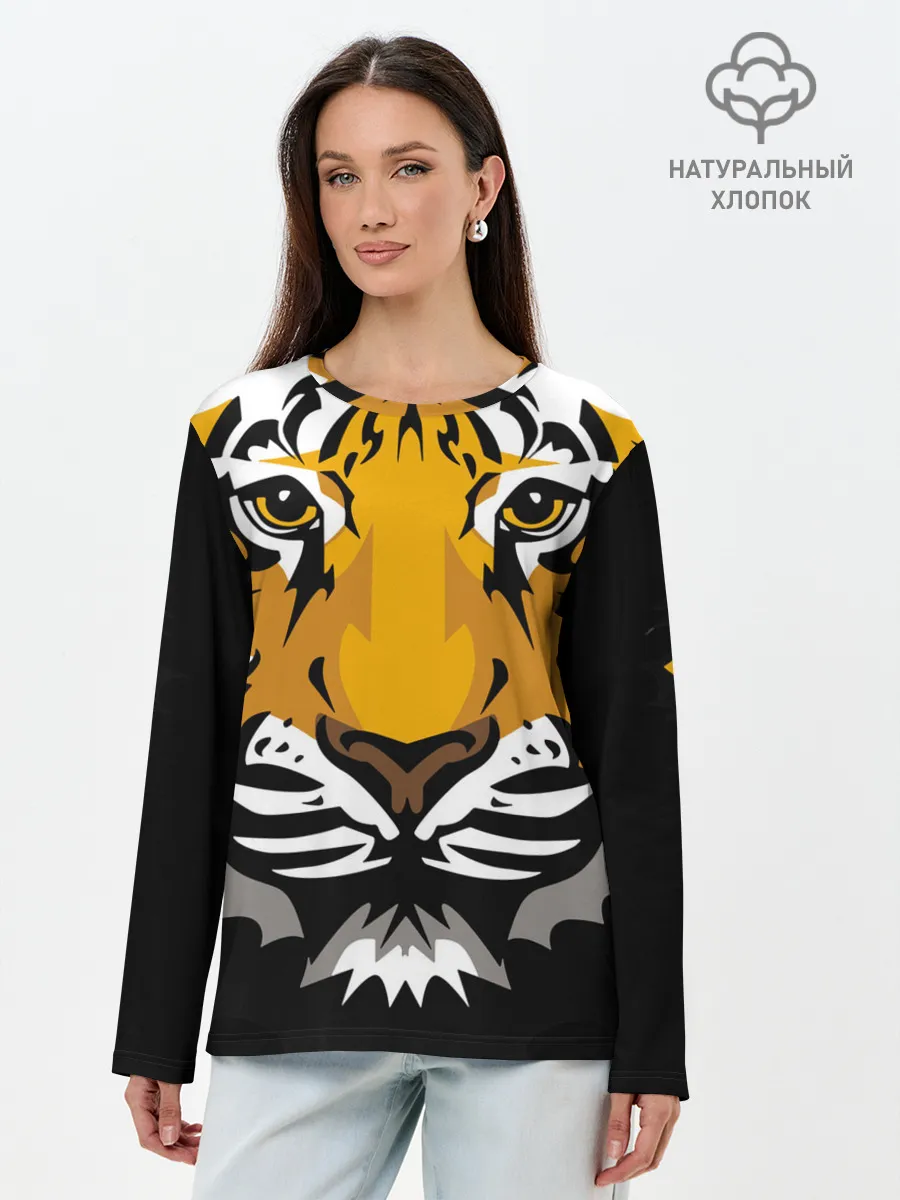 Лонгслив женский. Хлопок / Суровый взгляд тигра