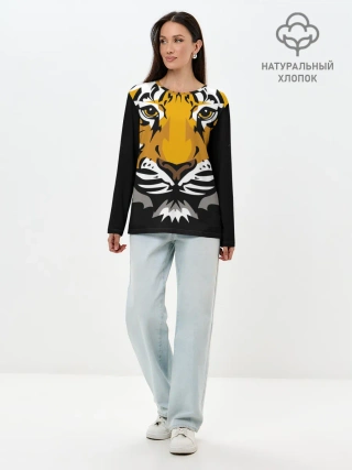 Лонгслив женский. Хлопок / Суровый взгляд тигра
