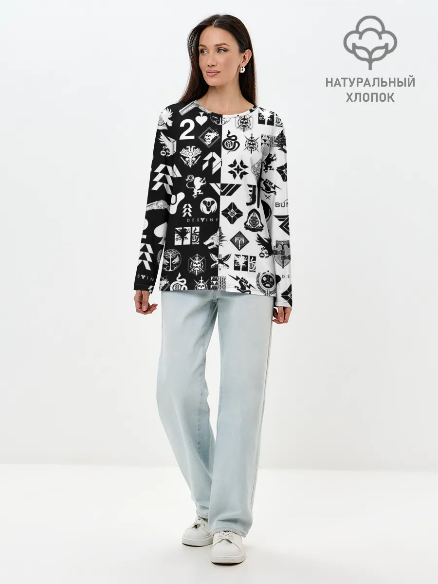 Лонгслив женский. Хлопок / DESTINY LOGOBOMBING ЧЁРНО БЕЛОЕ