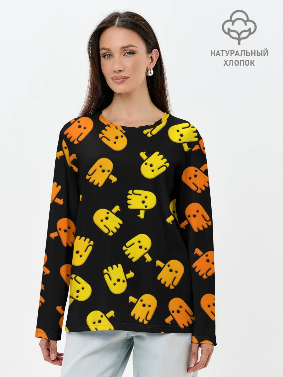 Лонгслив женский. Хлопок / BOO! ПРИЗРАК, ПРИВЕДЕНИЕ ХЕЛЛОУИН ОРАНЖЕВЫЙ