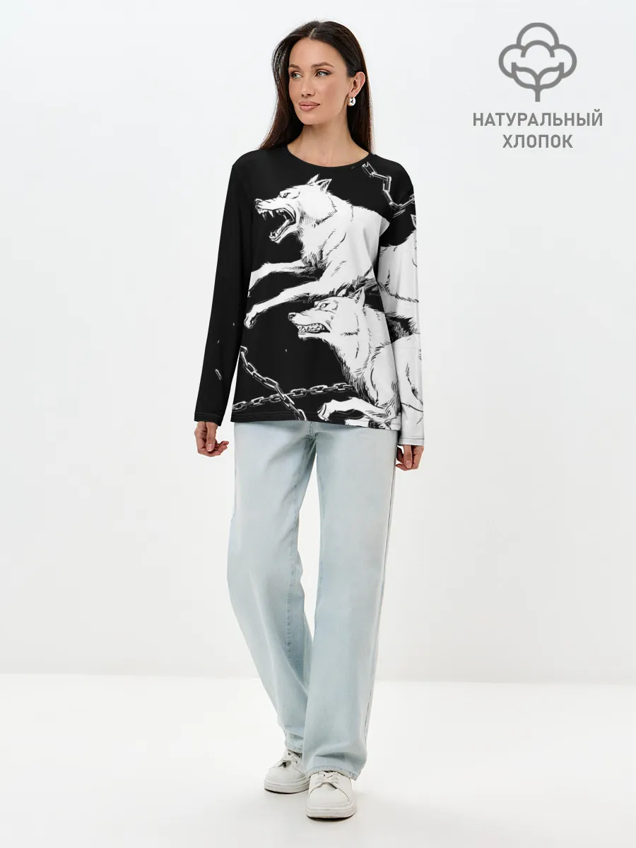 Лонгслив женский. Хлопок / Белые волки