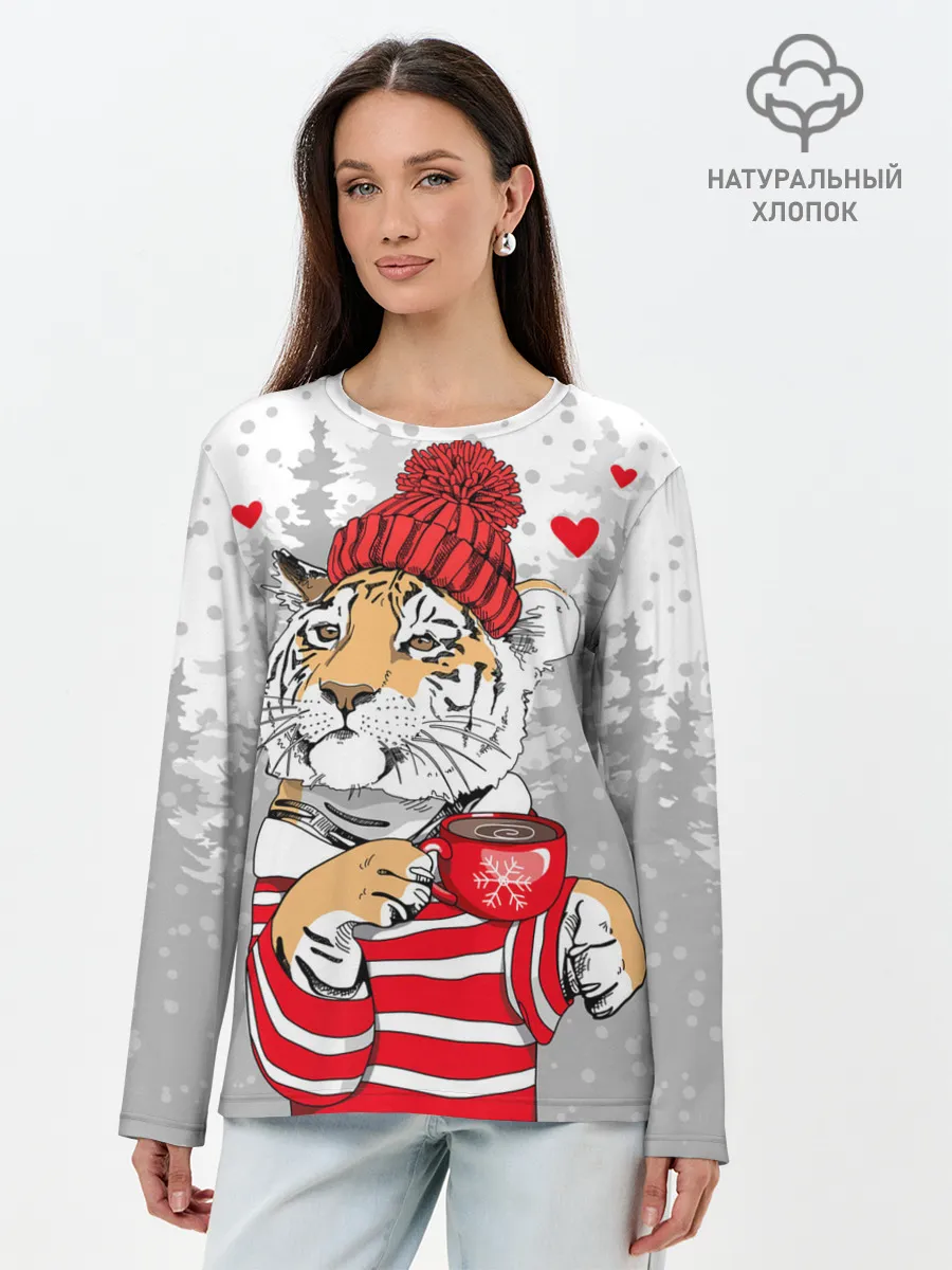 Лонгслив женский. Хлопок / Тигр с чашкой кофе
