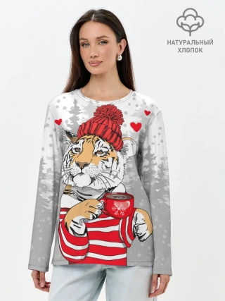 Лонгслив женский. Хлопок / Тигр с чашкой кофе