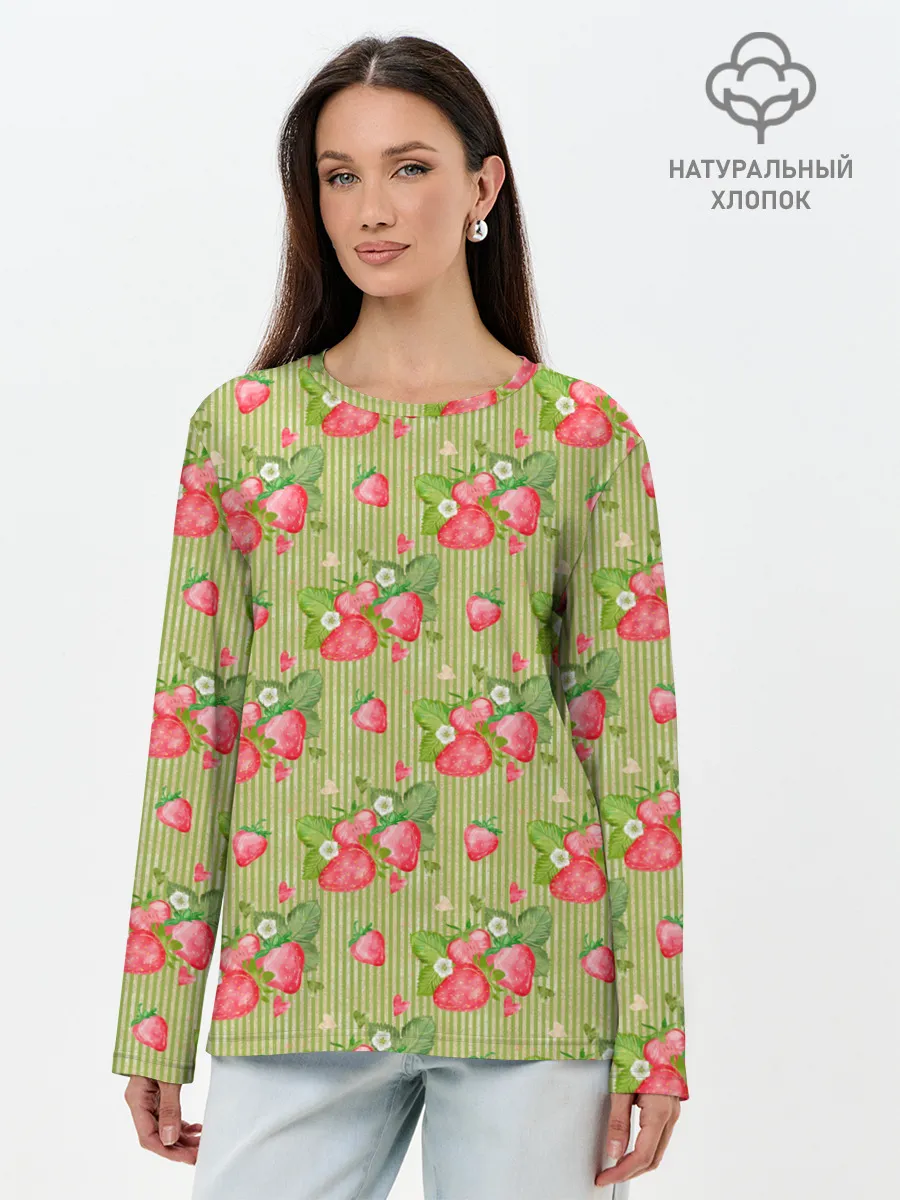 Лонгслив женский. Хлопок / Клубничка паттерн