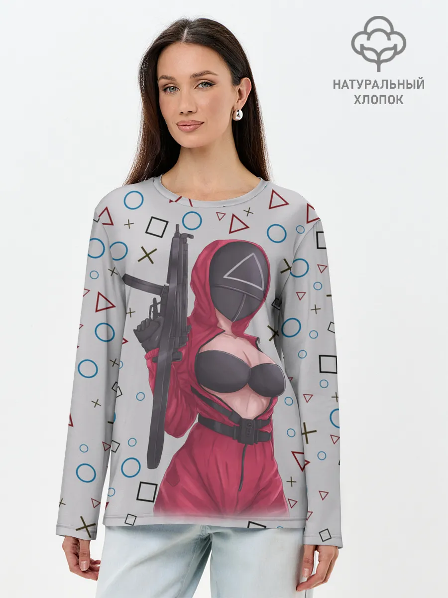 Лонгслив женский. Хлопок / ОПАСНЫЙ ТРЕУГОЛЬНИК | ИГРА В КАЛЬМАРА
