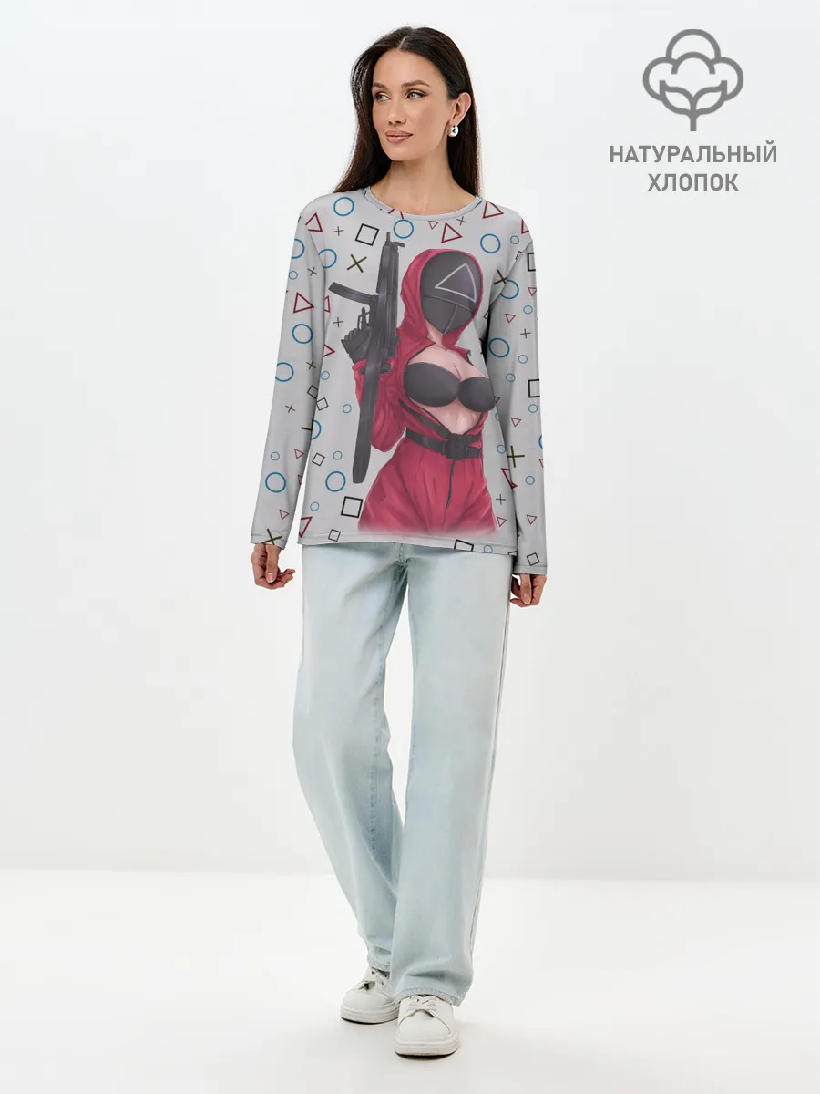 Лонгслив женский. Хлопок / ОПАСНЫЙ ТРЕУГОЛЬНИК | ИГРА В КАЛЬМАРА