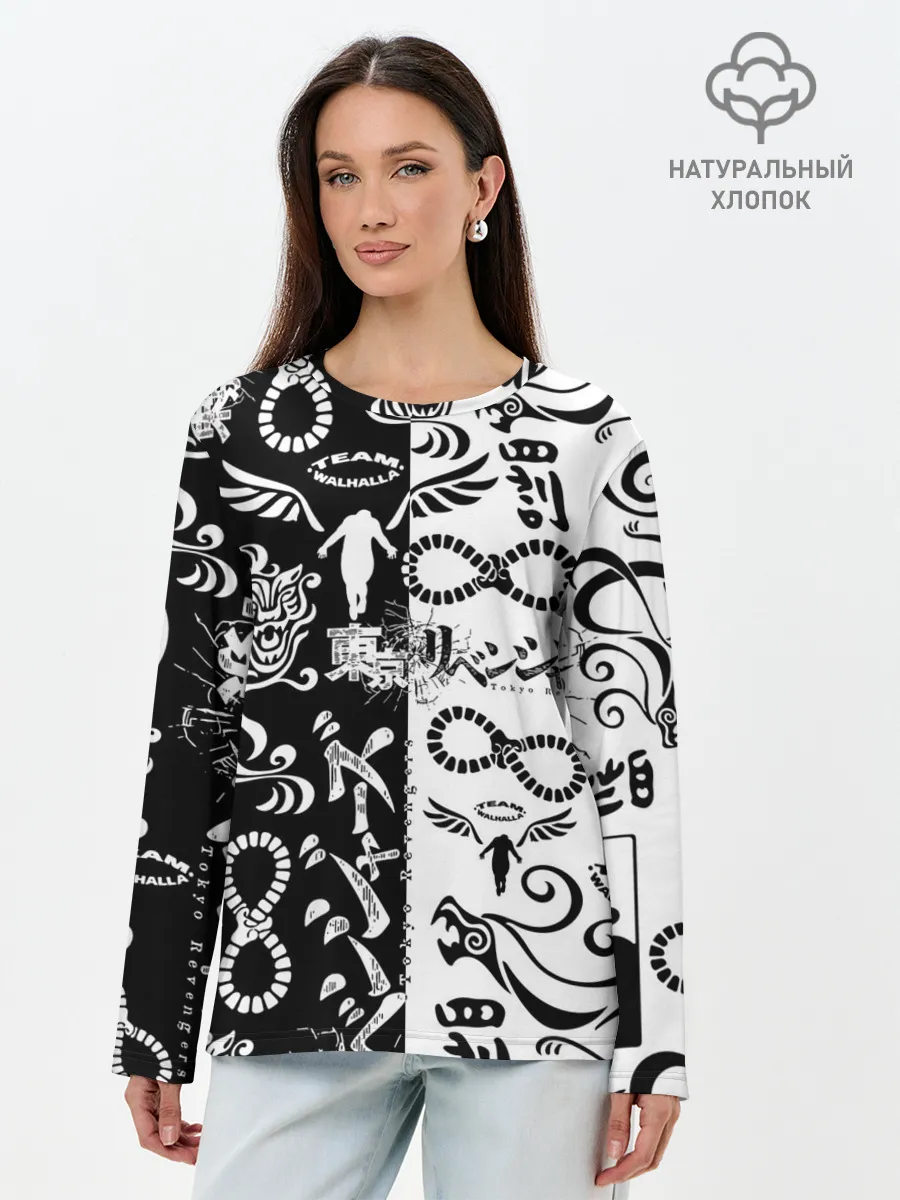 Лонгслив женский. Хлопок / ТОКИЙСКИЕ МСТИТЕЛИ ЛОГОБОМБИНГ ЧБ