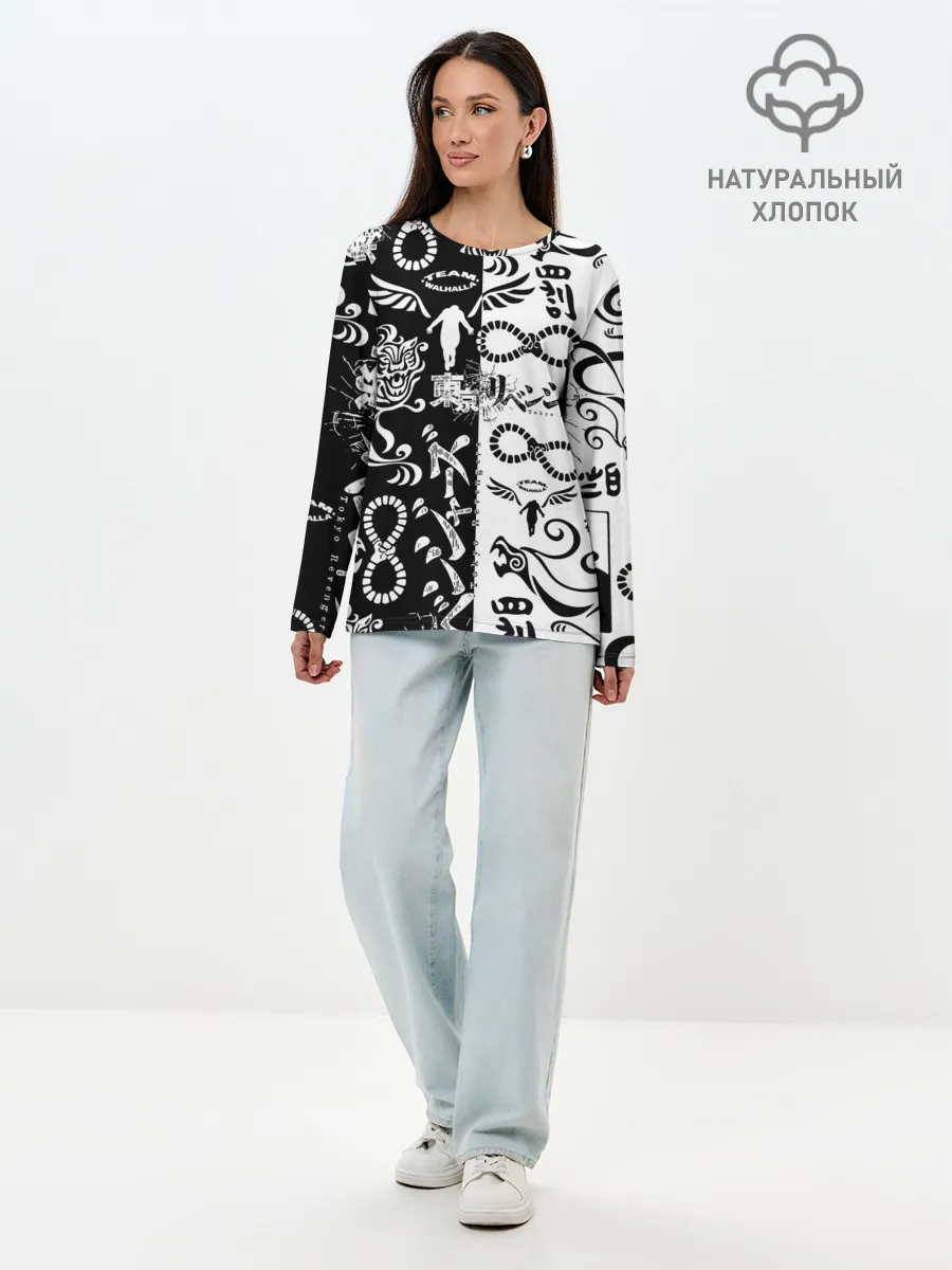 Лонгслив женский. Хлопок / ТОКИЙСКИЕ МСТИТЕЛИ ЛОГОБОМБИНГ ЧБ