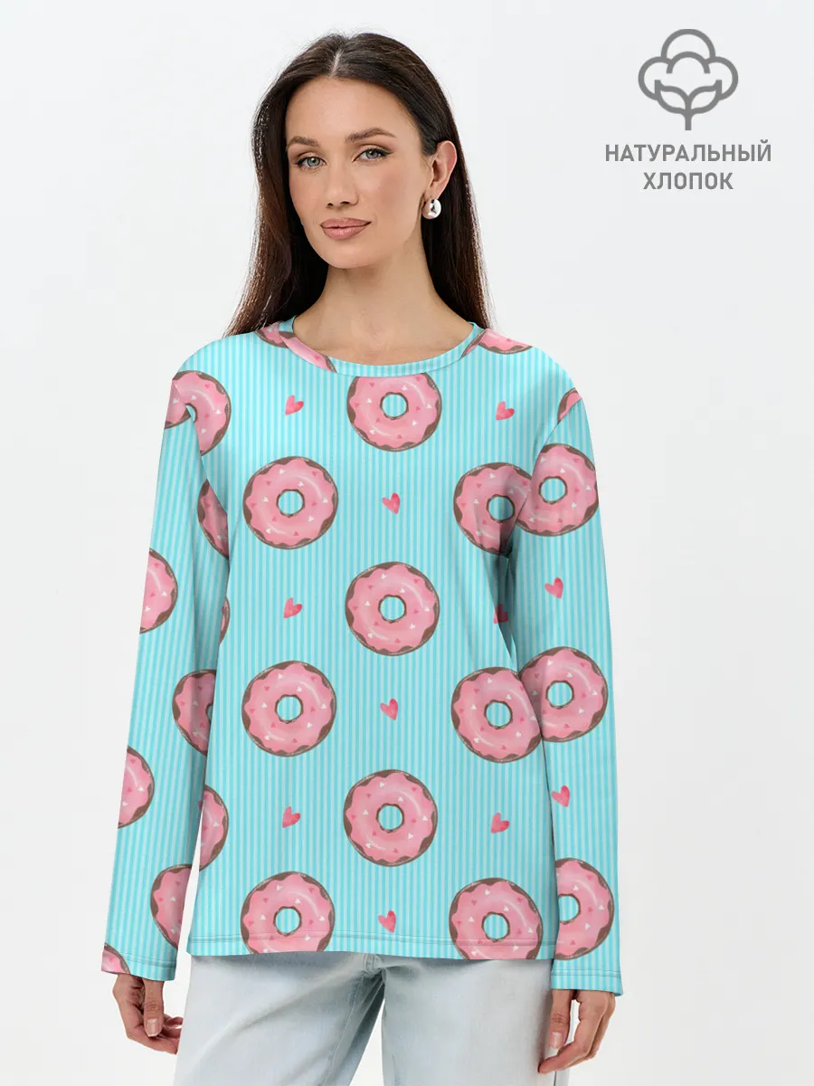 Лонгслив женский. Хлопок / Розовые пончики